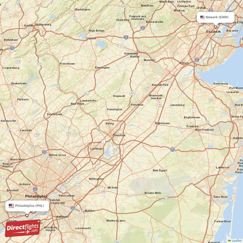 New York - Philadelphia direct flight map