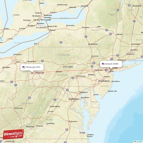 New York - Pittsburgh direct flight map
