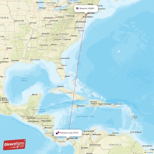 New York - Panama City direct flight map
