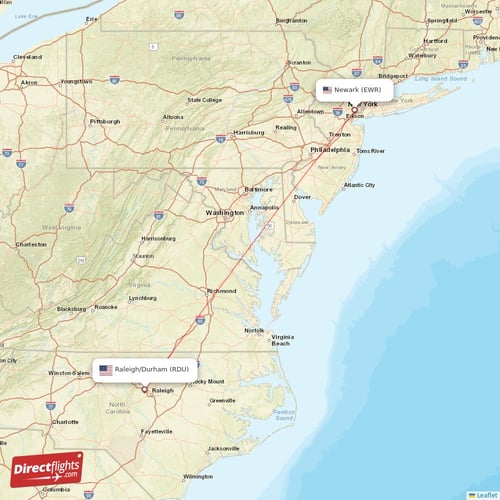 New York - Raleigh/Durham direct flight map