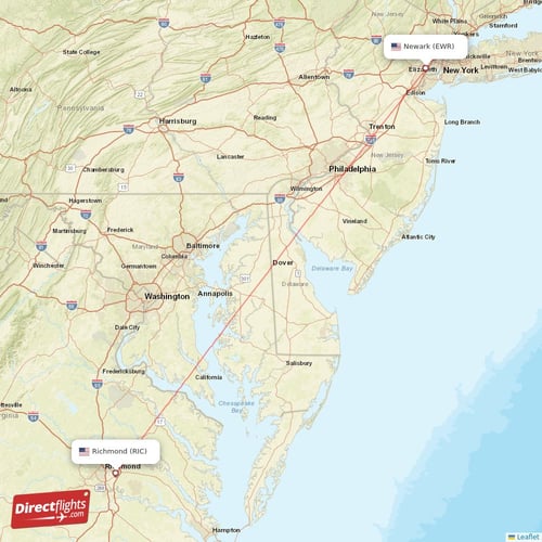 New York - Richmond direct flight map
