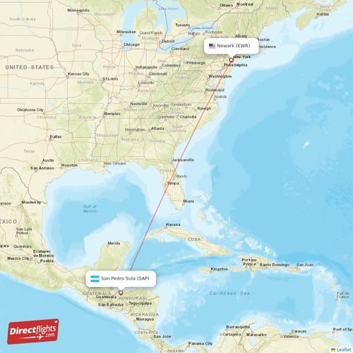 New York - San Pedro Sula direct flight map