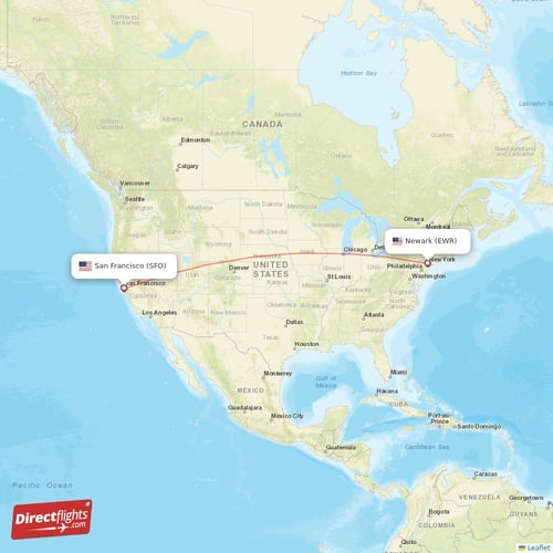 New York - San Francisco direct flight map
