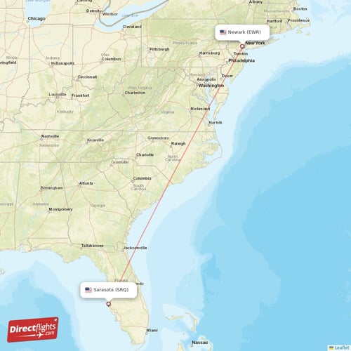 New York - Sarasota direct flight map
