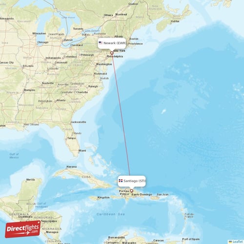 New York - Santiago direct flight map