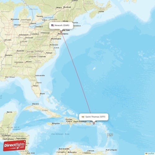 New York - Saint Thomas direct flight map
