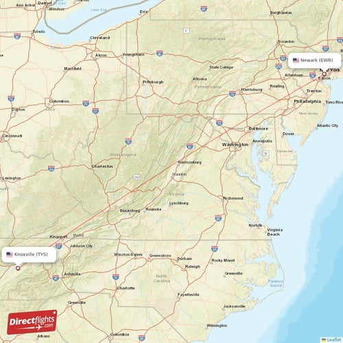 New York - Knoxville direct flight map