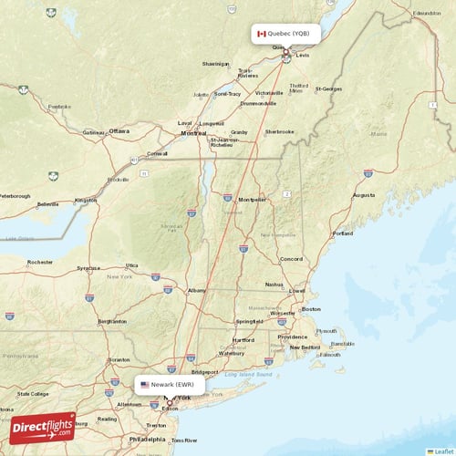 New York - Quebec direct flight map