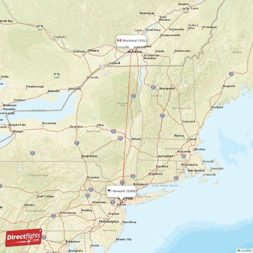 New York - Montreal direct flight map