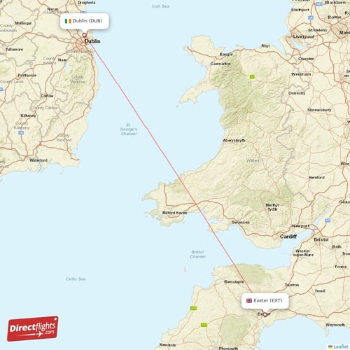 Exeter - Dublin direct flight map