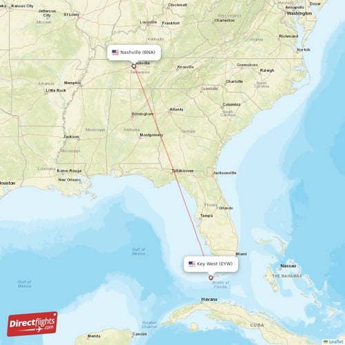 Key West - Nashville direct flight map
