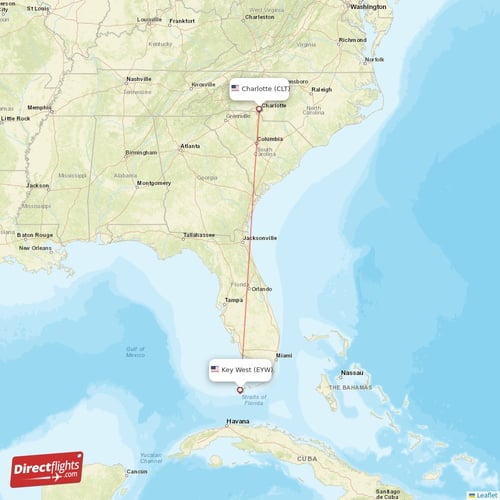 Key West - Charlotte direct flight map