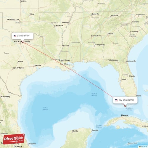 Key West - Dallas direct flight map