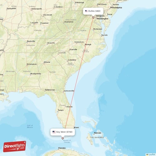 Key West - Dulles direct flight map