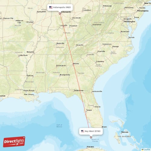 Key West - Indianapolis direct flight map