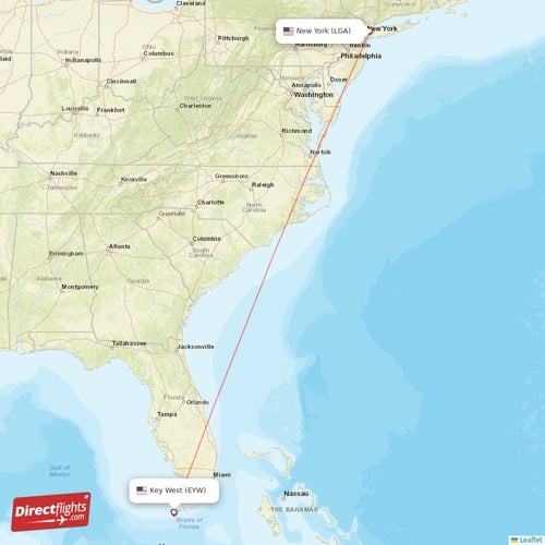 Key West - New York direct flight map