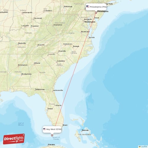Key West - Philadelphia direct flight map