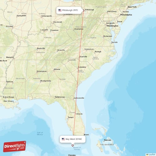 Key West - Pittsburgh direct flight map