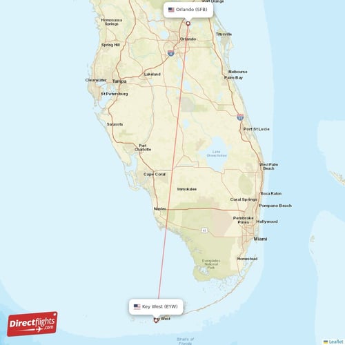 Key West - Orlando direct flight map
