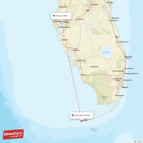 Key West - Tampa direct flight map