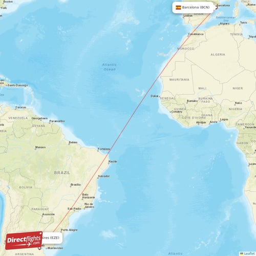 Buenos Aires - Barcelona direct flight map