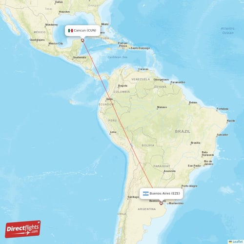 Buenos Aires - Cancun direct flight map