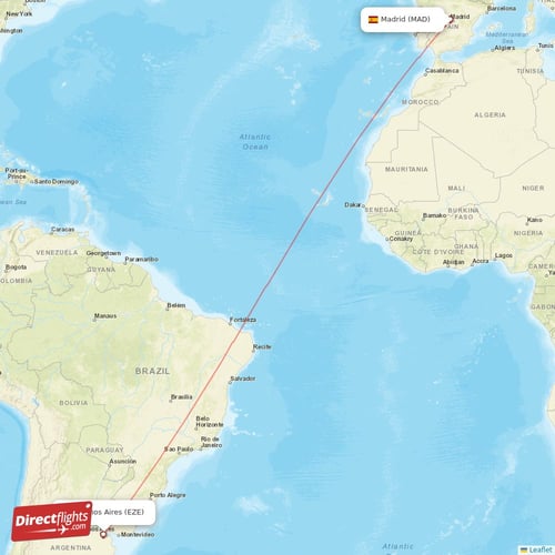 Buenos Aires - Madrid direct flight map
