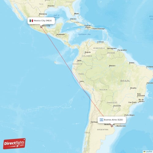 Buenos Aires - Mexico City direct flight map