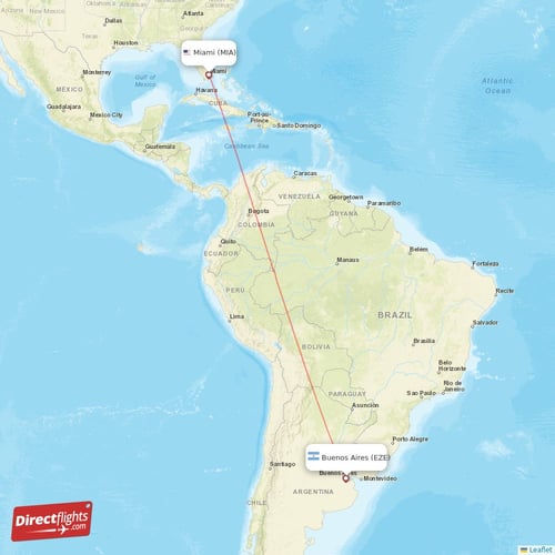 Buenos Aires - Miami direct flight map