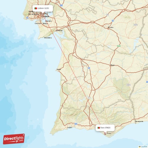 Faro - Lisbon direct flight map