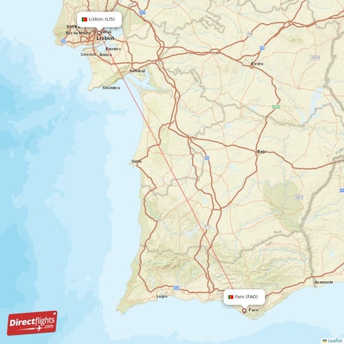 Faro - Lisbon direct flight map