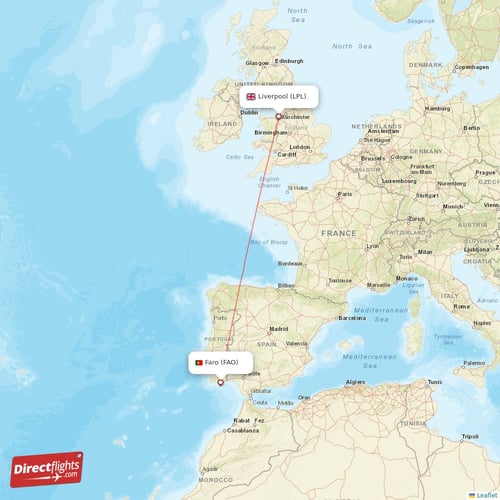 Faro - Liverpool direct flight map