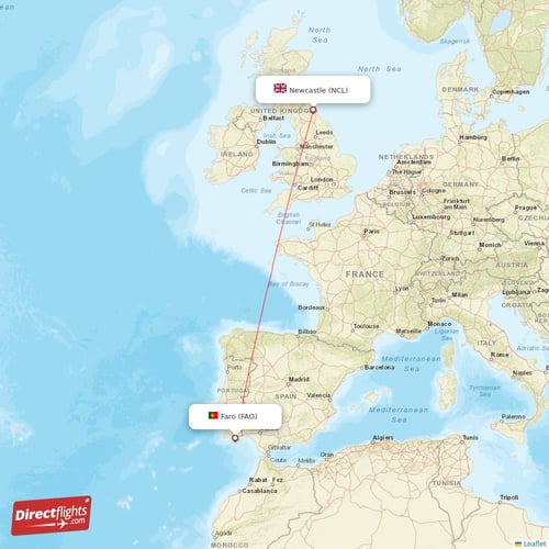 Faro - Newcastle direct flight map