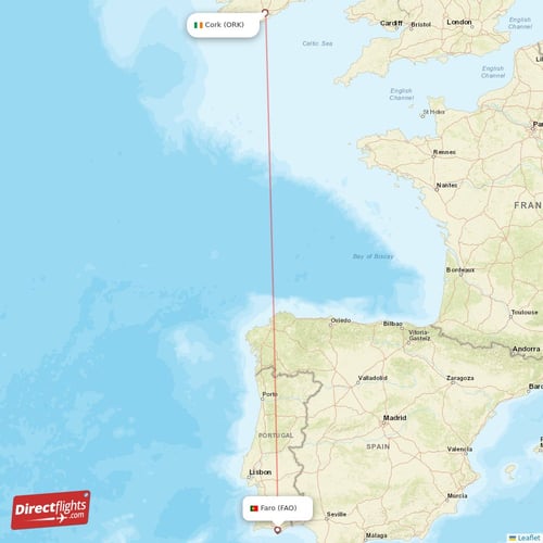 Faro - Cork direct flight map