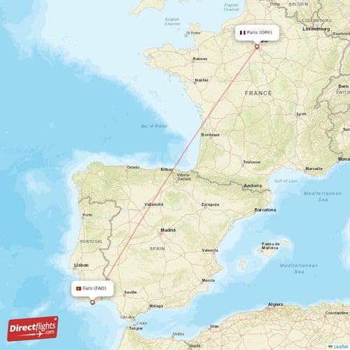 Faro - Paris direct flight map