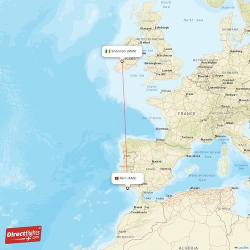 Faro - Shannon direct flight map