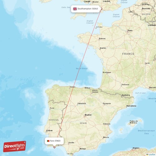 Faro - Southampton direct flight map