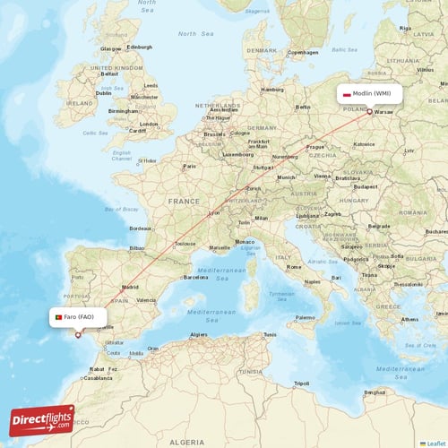 Faro - Modlin direct flight map