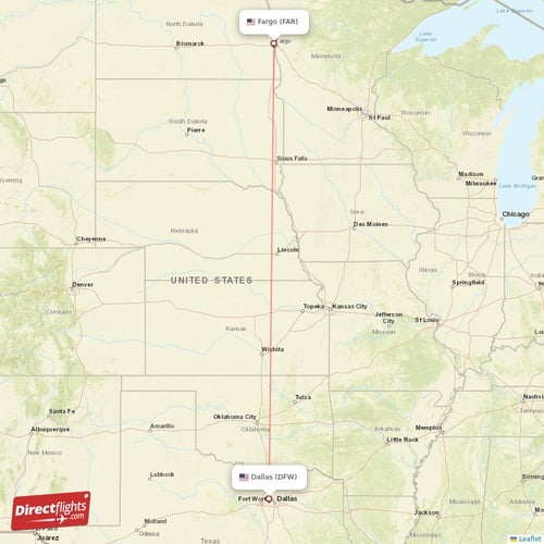 Fargo - Dallas direct flight map