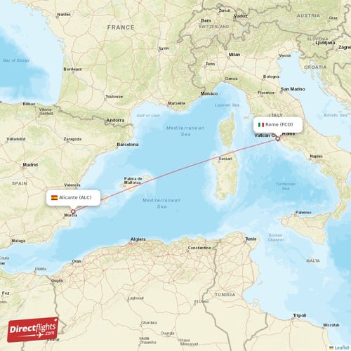 Rome - Alicante direct flight map