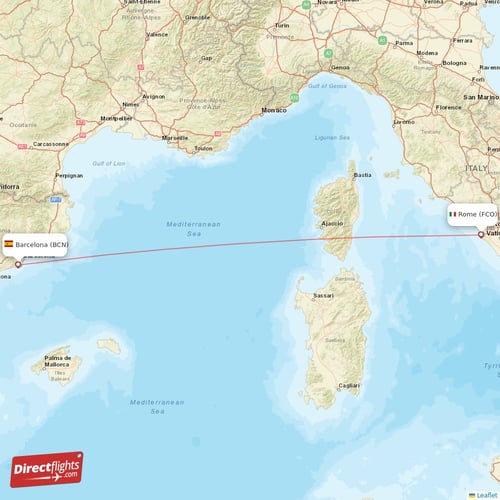 Rome - Barcelona direct flight map