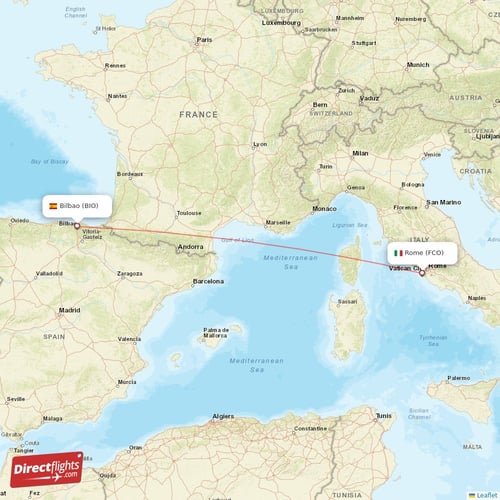Rome - Bilbao direct flight map