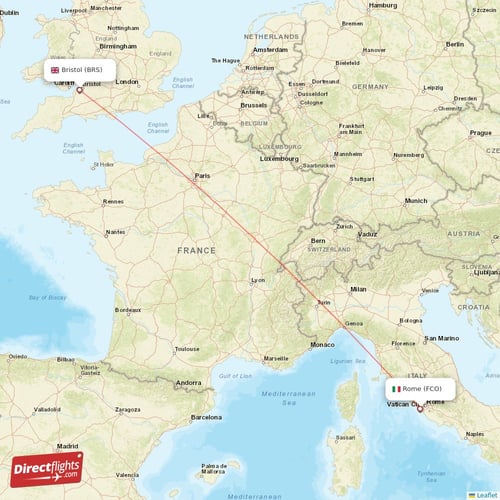 Rome - Bristol direct flight map