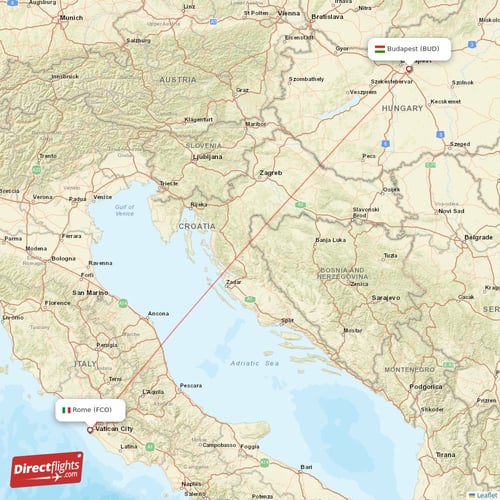 Rome - Budapest direct flight map