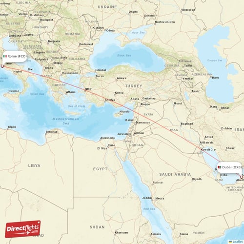 Rome - Dubai direct flight map