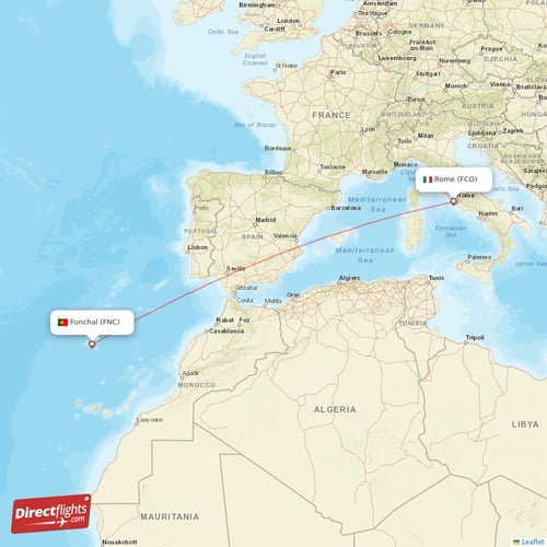 Rome - Funchal direct flight map