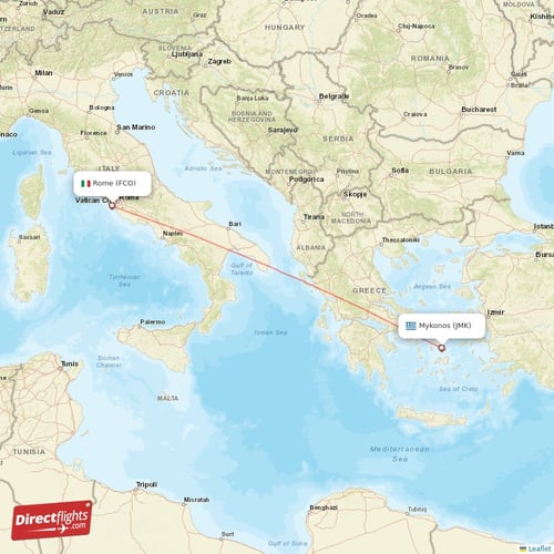 Rome - Mykonos direct flight map