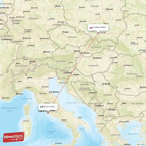 Rome - Krakow direct flight map