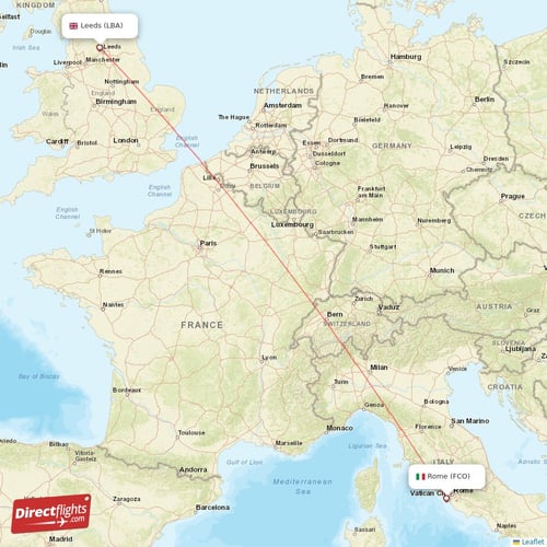 Rome - Leeds direct flight map