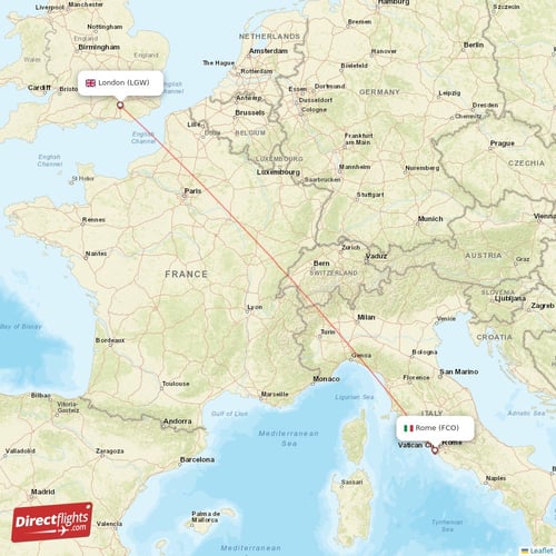 Rome - London direct flight map